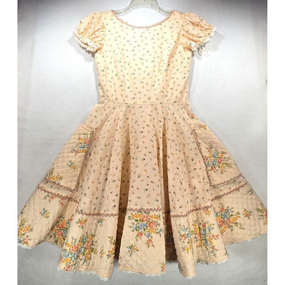 Vintage The Square Dance Co Peach Floral Quilted Pocket Lace Trim Dress Size 8